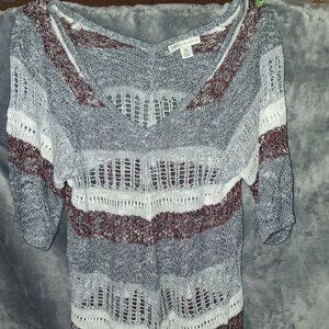 Cato pull over sweater, open crochet sheer, tonic Striped